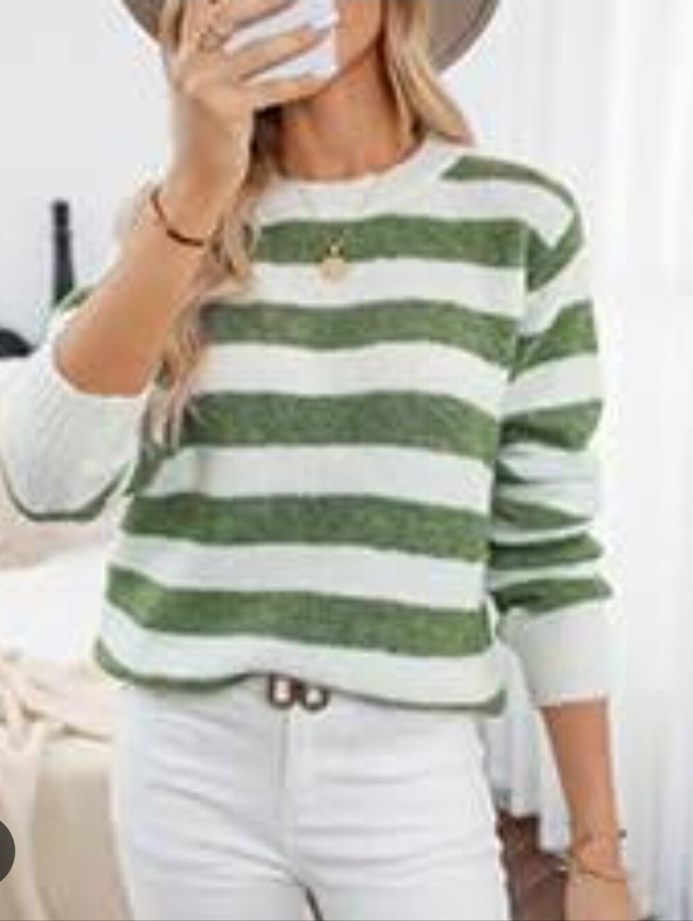 Dokotoo Green and White Striped Crewneck Sweater Size XL Fall Nautical Coastal